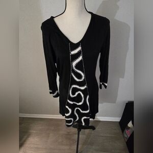 Black Tunic Dress with White Swirl Detail - Women